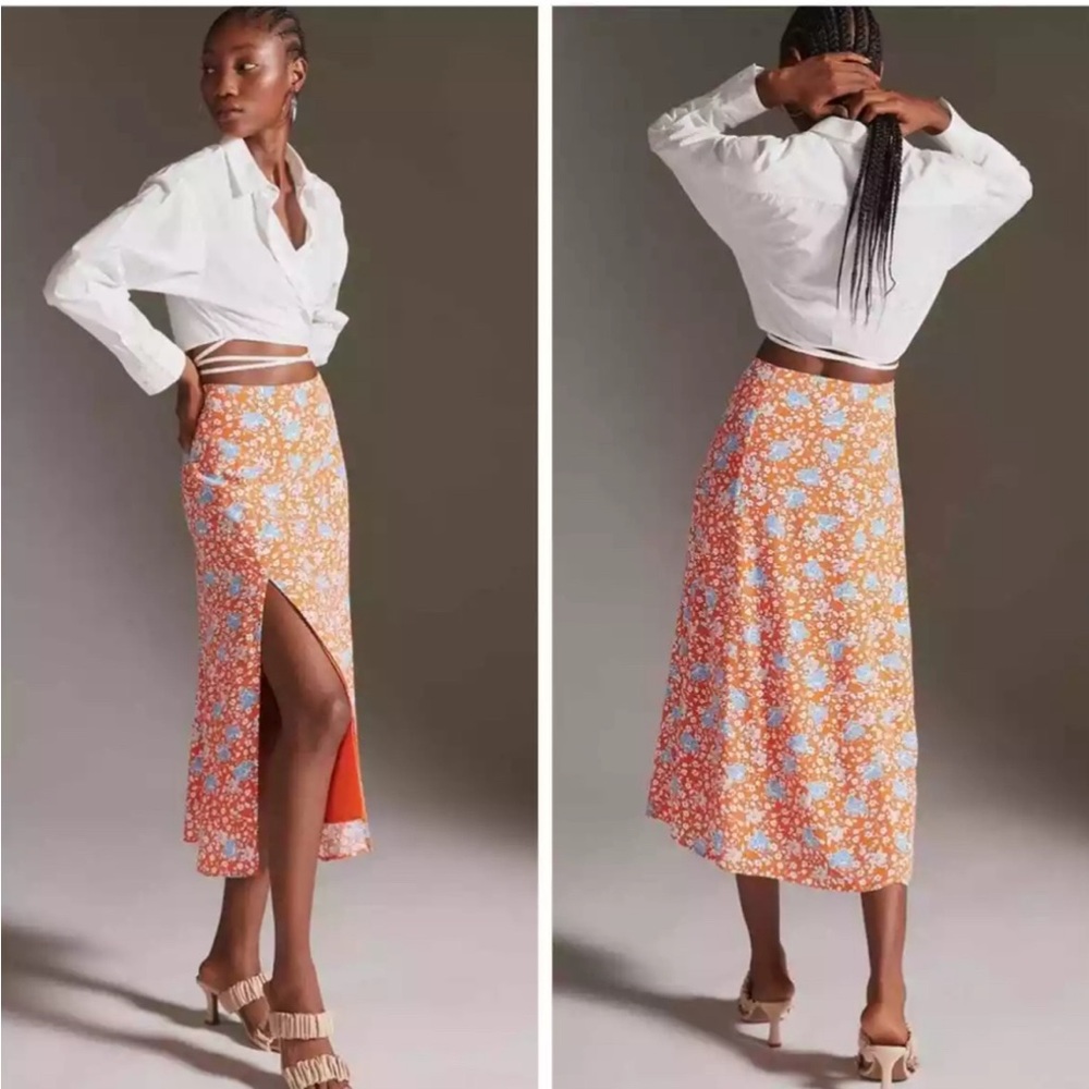 Maeve by Anthropologie Lille Orange Crepe Side-slit Midi Skirt US 6